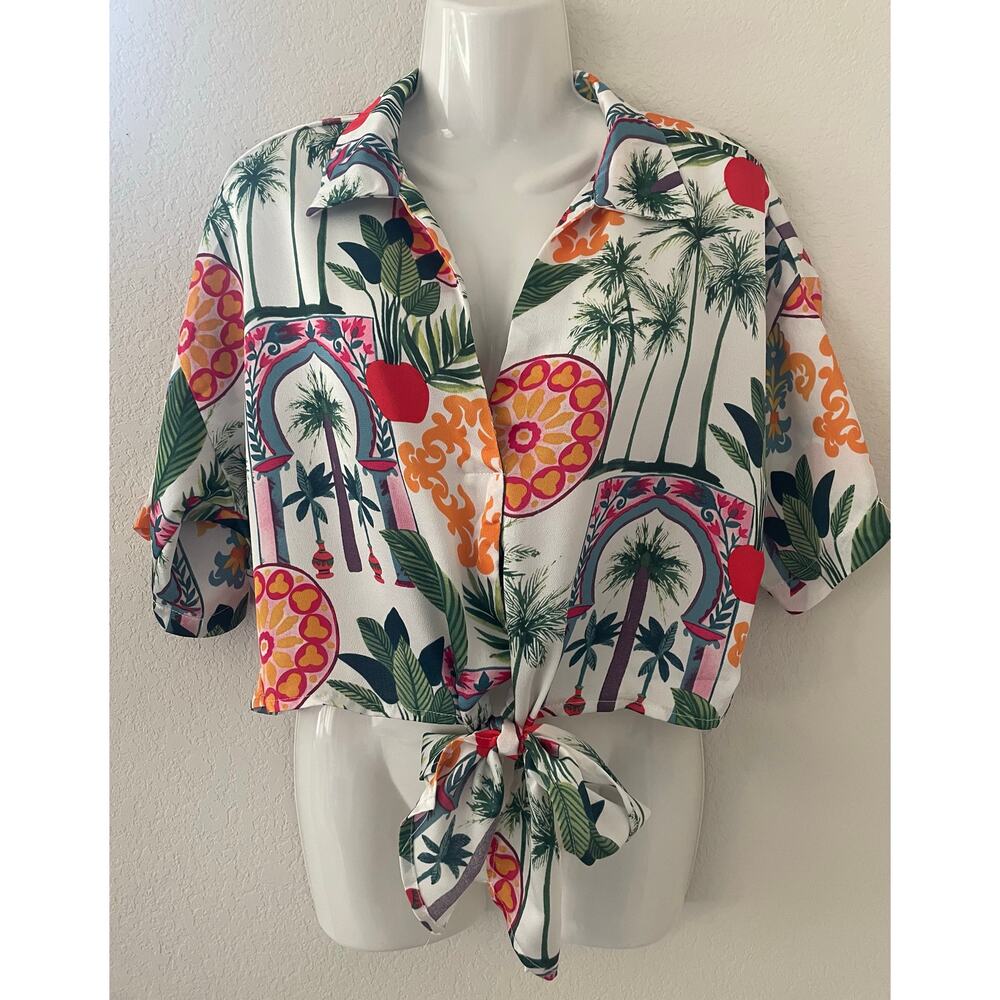Peach Tropical Women’s Short Sleeve Collared Blouse Tie Front Crop Top Size Med